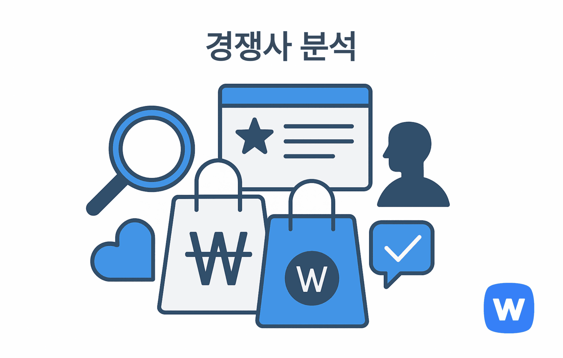 두 개의 쇼핑백(₩ 심볼 포함), 돋보기, 사람 아이콘, 체크 표시 말풍선, 별표가 있는 웹페이지 창이 함께 배치되어 경쟁사 상품과 리뷰, 전략을 비교 분석하는 모습을 시각적으로 표현한 플랫 일러스트.