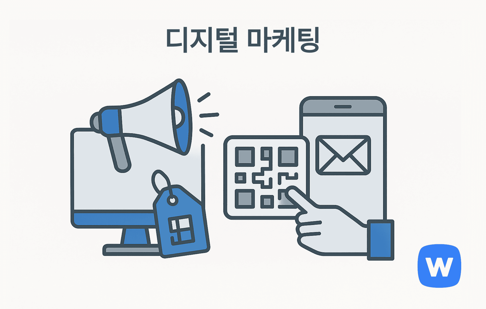 컴퓨터에서 확성기를 통해 메시지를 송출하고, 가운데에는 QR코드를 가리키는 손, 오른쪽에는 이메일 아이콘이 표시된 스마트폰이 있는 그림. 온라인과 오프라인 모두에서 디지털 기술을 활용해 고객에게 메시지를 전달하는 ‘디지털 마케팅’의 개념을 시각적으로 표현함.