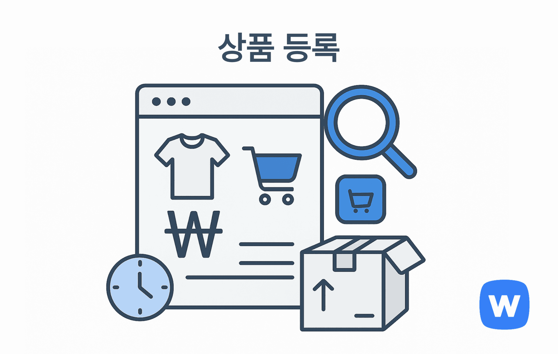 상품 등록 과정을 표현한 일러스트로, 웹 페이지에 의류 아이콘, 장바구니, ₩ 기호가 포함되어 있고 주변에 시계, 박스, 확대경 아이콘이 배치되어 있어 전자상거래 상품 등록과 관련된 요소들을 시각적으로 나타냄.