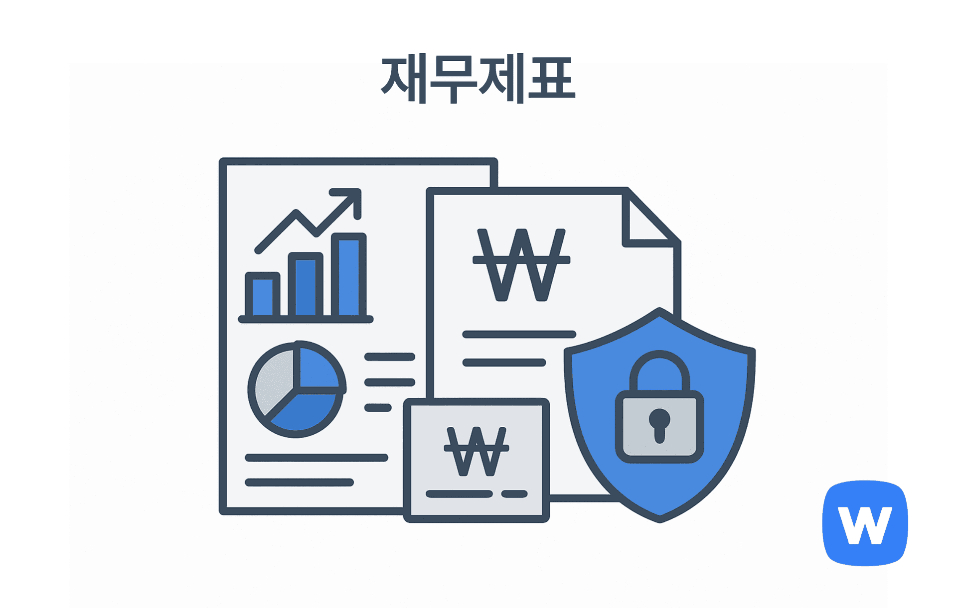 막대 그래프와 원형 차트가 있는 보고서, ₩ 기호가 적힌 문서와 카드, 자물쇠가 있는 파란색 방패 아이콘이 함께 배치된 일러스트로, 재무제표를 통한 재정 분석과 정보 보안을 시각적으로 표현함.
