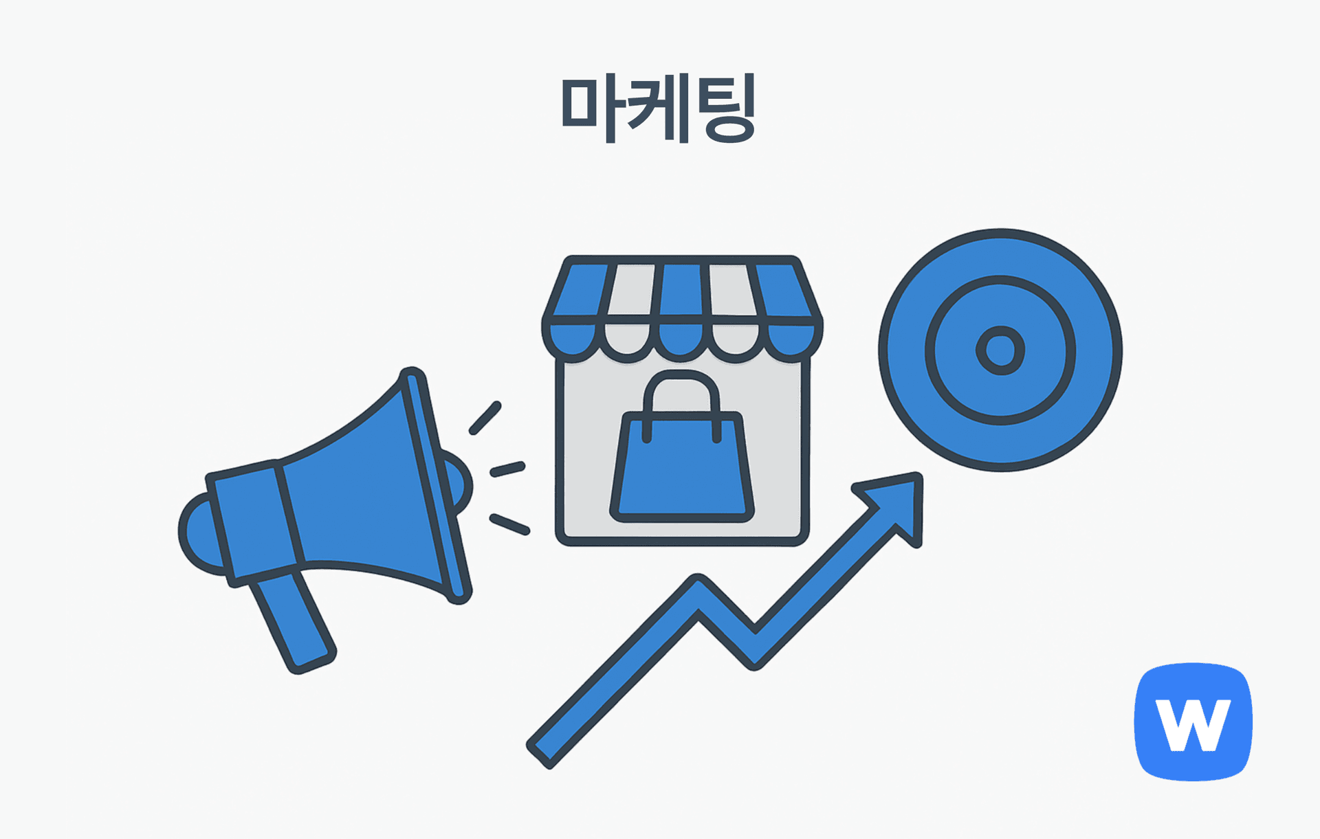 확성기, 쇼핑몰 아이콘, 상승 화살표, 그리고 과녁에 꽂힌 화살이 함께 배치된 일러스트로, 마케팅 활동을 통한 브랜드 노출과 매출 증대를 시각적으로 표현함.
