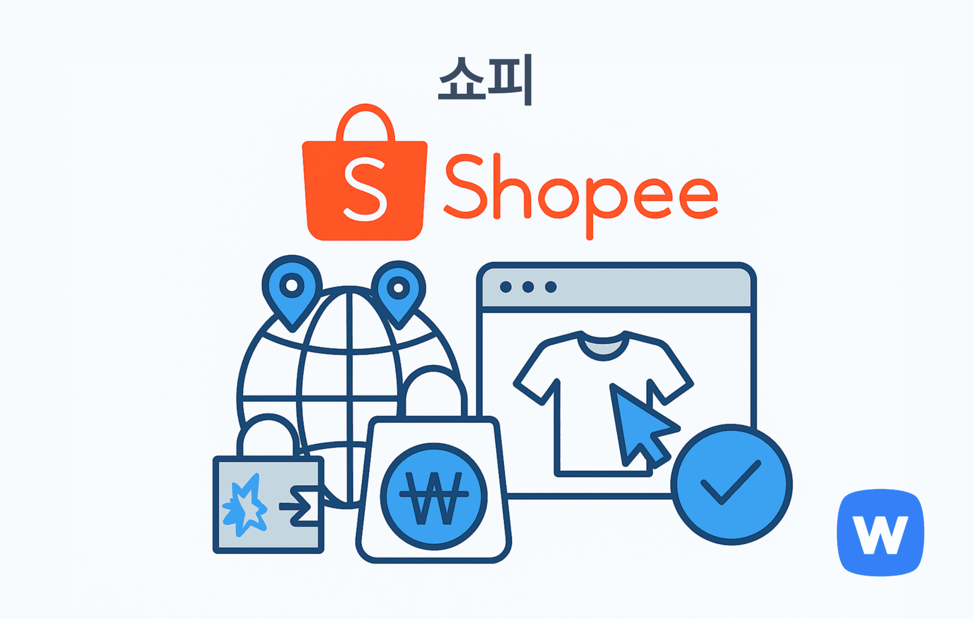 쇼피 로고와 함께 위치 핀이 꽂힌 지구본, 상품 클릭 화면, ₩ 기호가 있는 쇼핑백, 그리고 해외 배송 상자를 배치한 이커머스 플랫폼의 역직구 특성을 시각화한 일러스트.