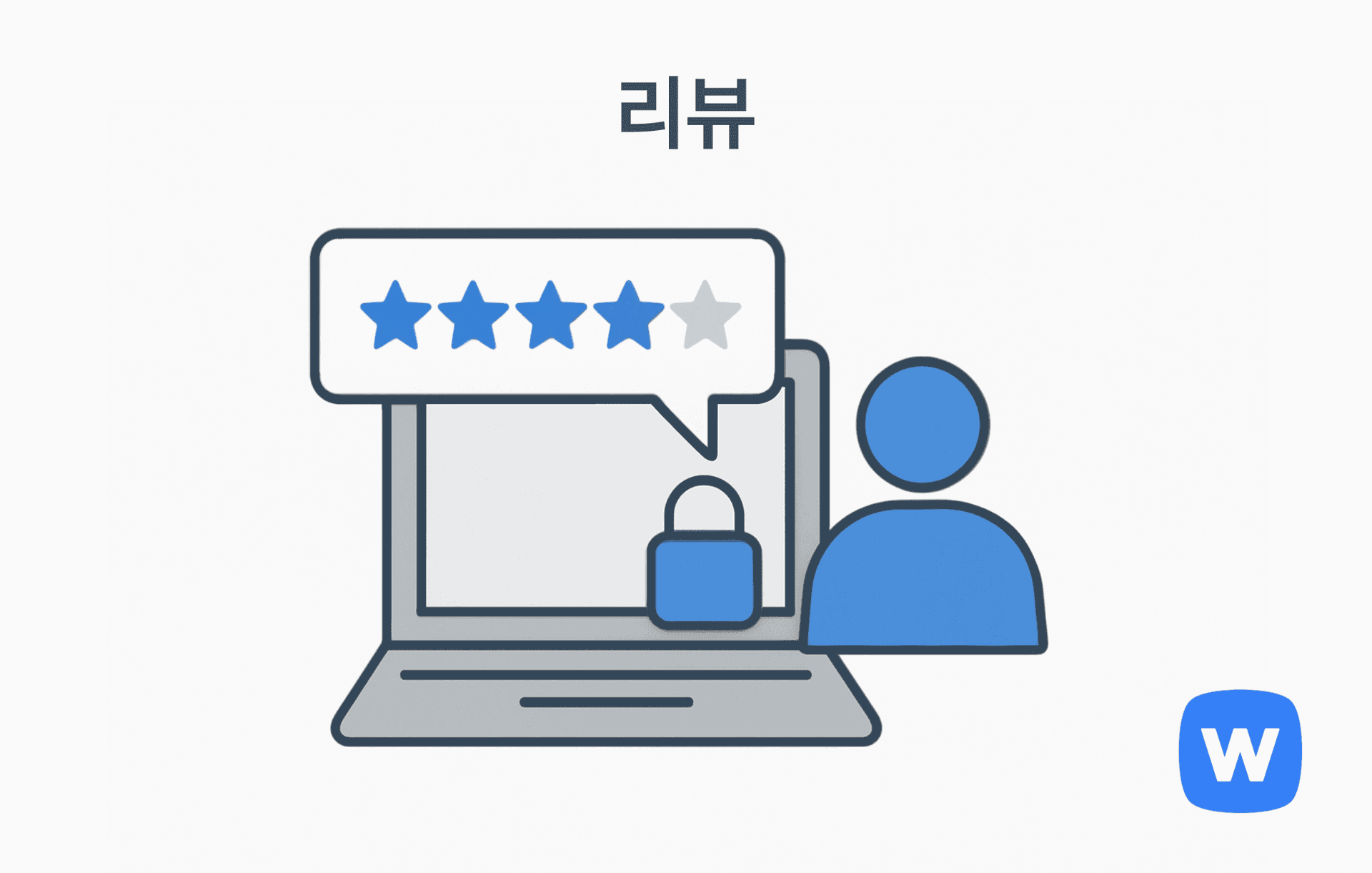 노트북 화면 위에 별점 5개가 있는 말풍선과 파란색 사용자 아이콘이 함께 배치된 일러스트로, 온라인 쇼핑에서 고객 리뷰의 중요성을 상징적으로 표현함.