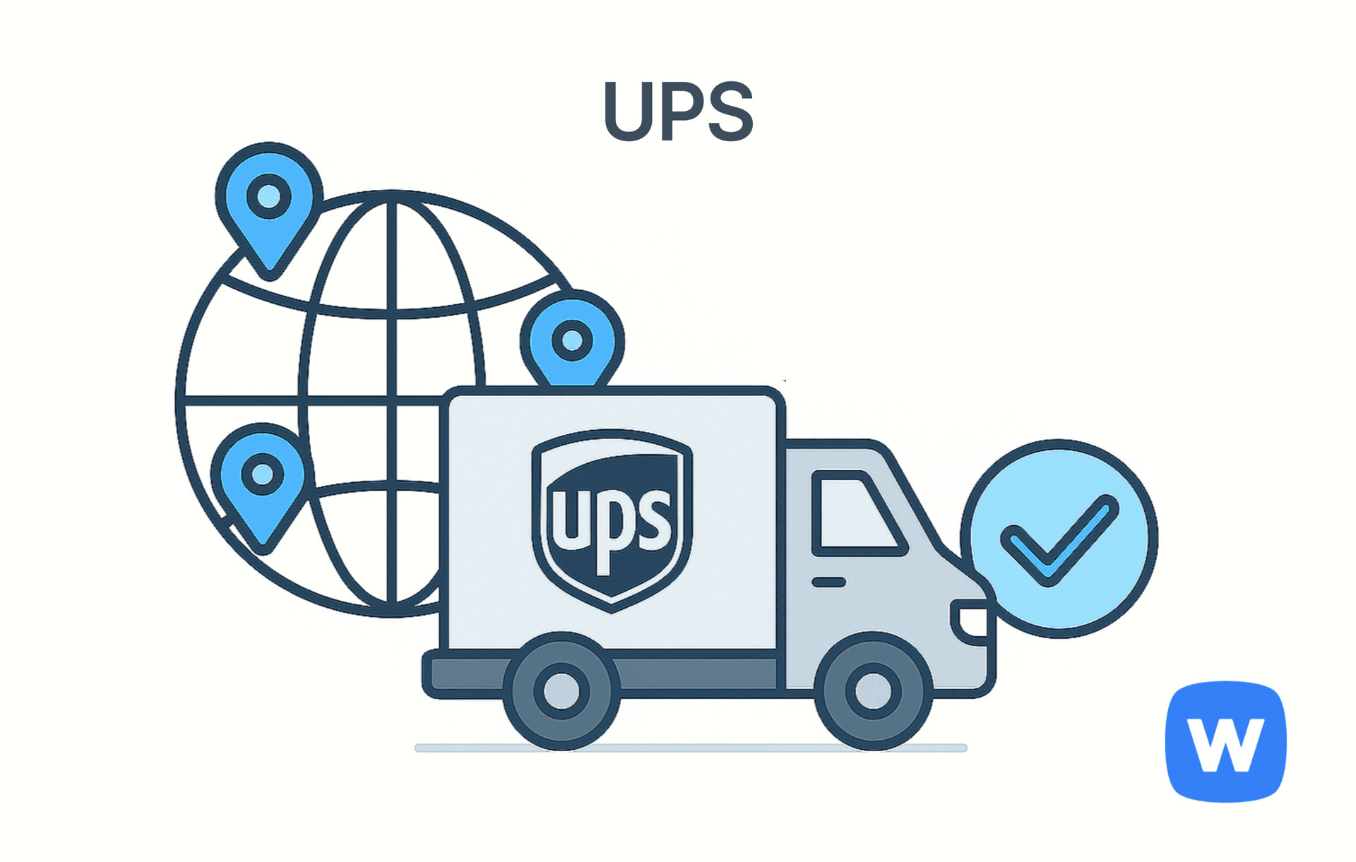회색 배송 트럭에 UPS 로고가 그려져 있고, 주변에는 위치 핀과 지구본 아이콘, 체크 표시가 함께 배치된 플랫 벡터 일러스트. UPS의 글로벌 특송 서비스를 시각적으로 표현.
