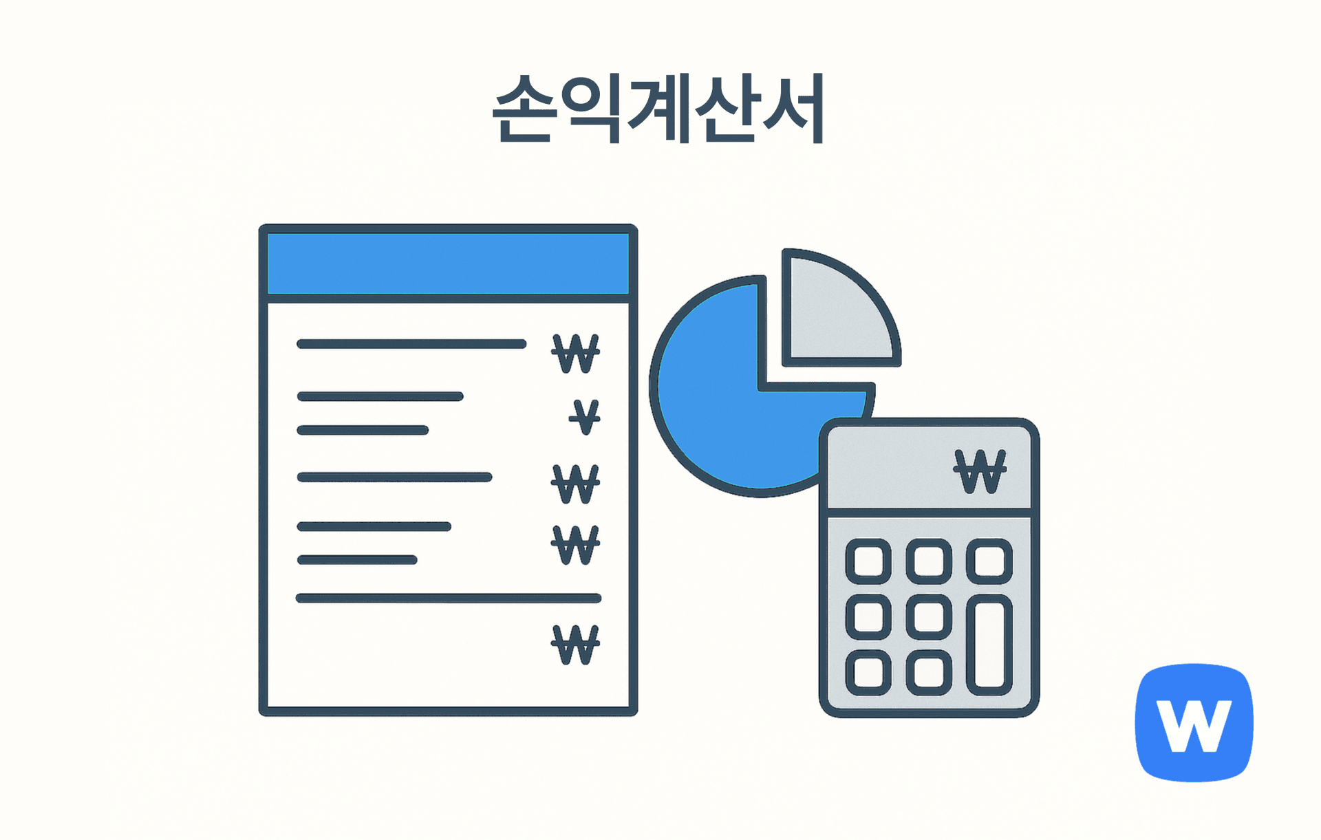 ₩ 기호가 반복된 재무 문서, 파이 차트, 계산기가 함께 배치된 그림. 일정 기간 동안의 매출과 비용, 순이익 등을 정리해 수익성과 재무 상태를 보여주는 손익계산서 개념을 시각적으로 표현함.