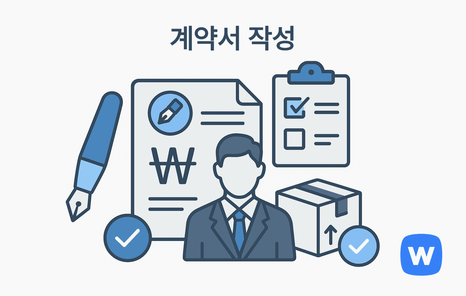 계약서를 중심으로 만년필, 수트 차림의 인물 아이콘, 체크박스가 있는 클립보드, 포장 상자, 체크 아이콘이 함께 배치된 일러스트. 계약서 작성과 거래 조건 확인, 상품 납품 조건을 시각적으로 표현함.